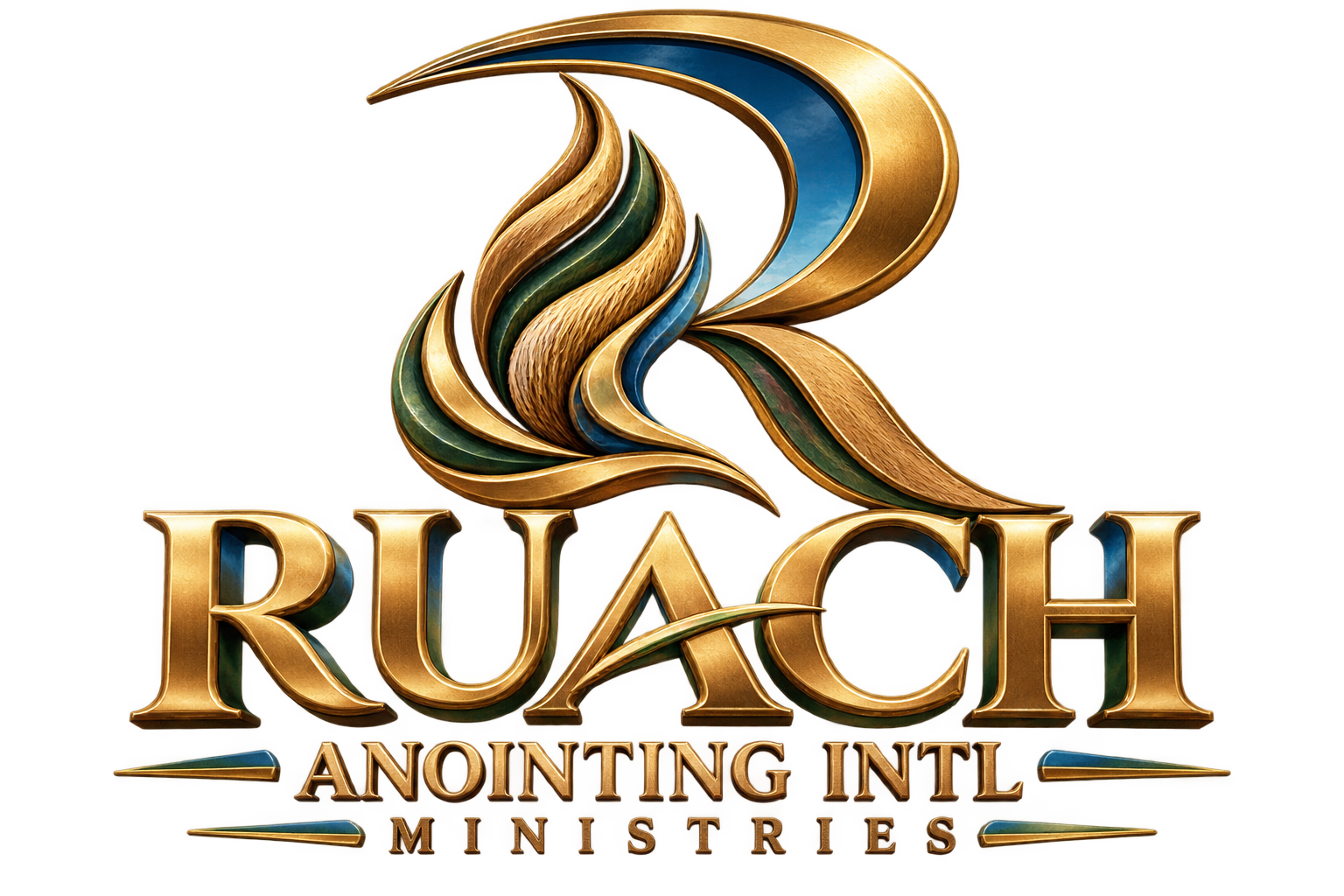 Ruach Anointing International Ministries logo: a gold letter R with a white dove and flowing flame